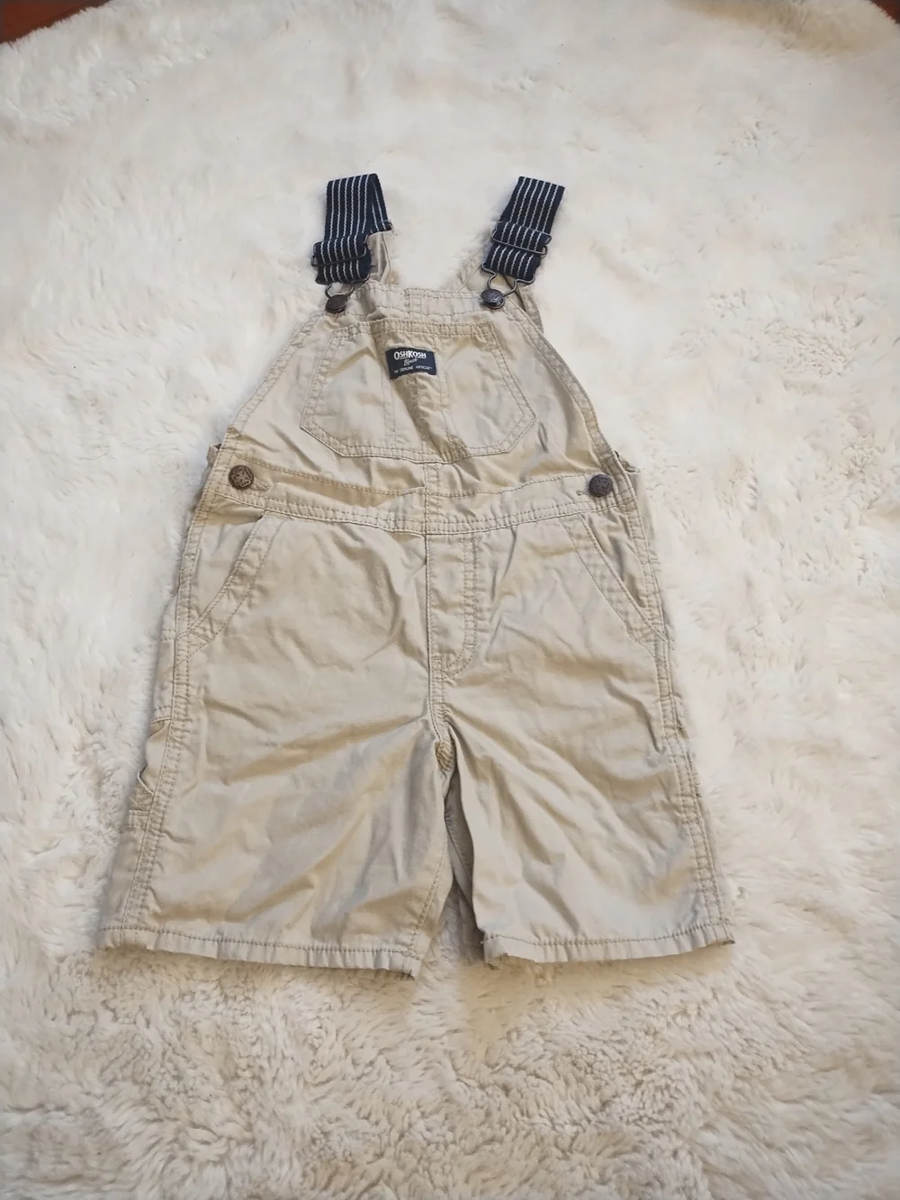 OshKosh B'gosh Tan Short Overalls with Navy Striped Straps